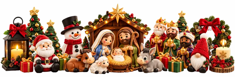 Enfeites de Natal feitos à mão: lanterna, árvores, Papai Noel, boneco de neve, presépio, Reis Magos, gnomo, guirlanda e vela.
